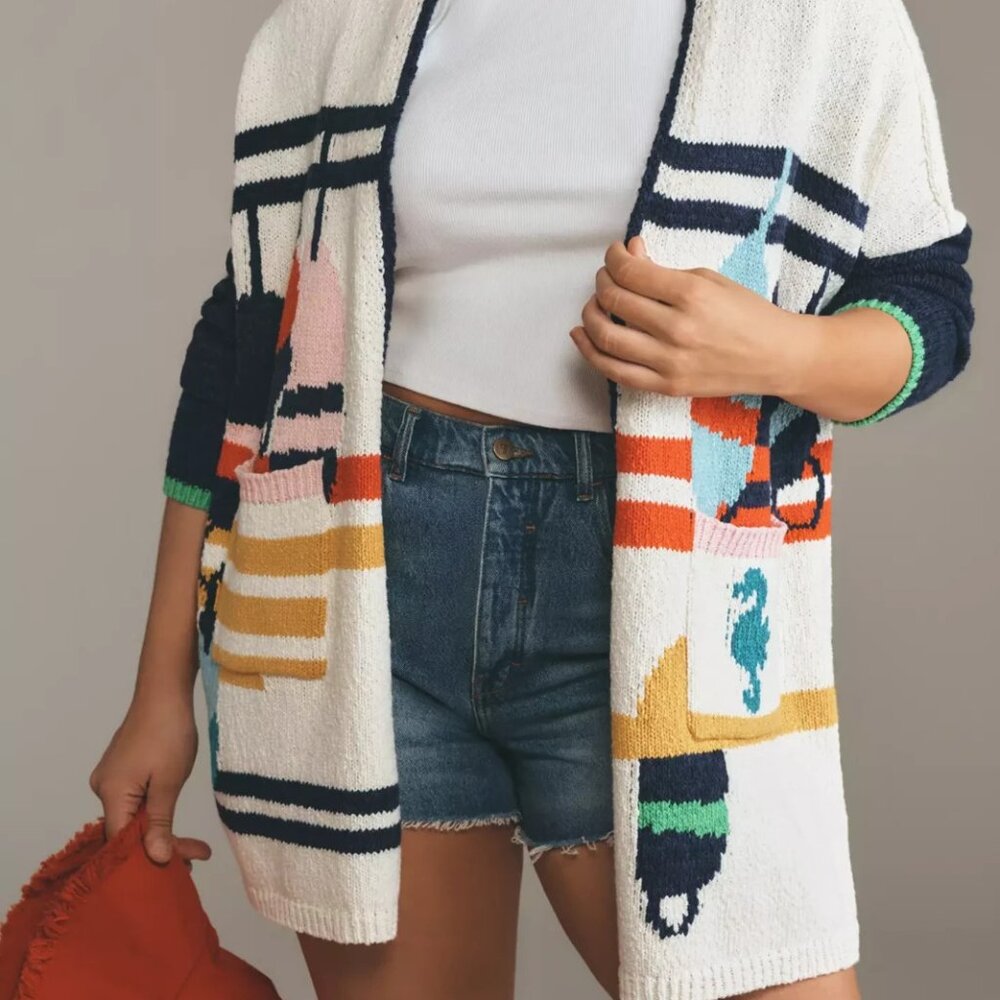 Anthropologie Maeve Nautical Buoy Cardigan Sweater Whale Seahorse L XL Petite - Picture 8 of 9
